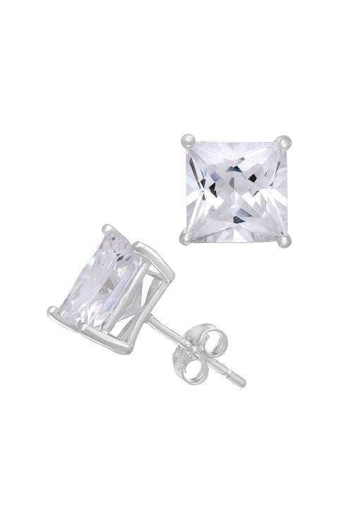 14K White Gold Cubic Zirconia Square Stud Earrings