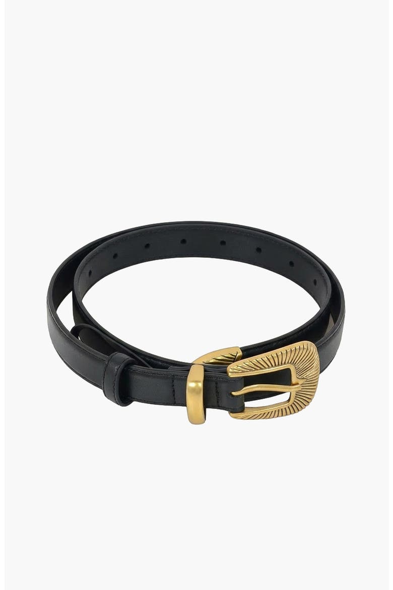 Engraved Buckle Leather Belt, Main, color, Black