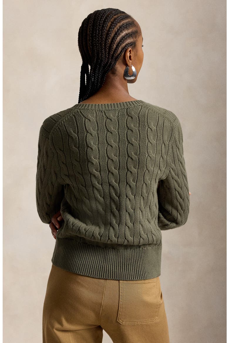 Cable Knit Cotton Crewneck Cardigan, Alternate, color, DENSE OLIVE