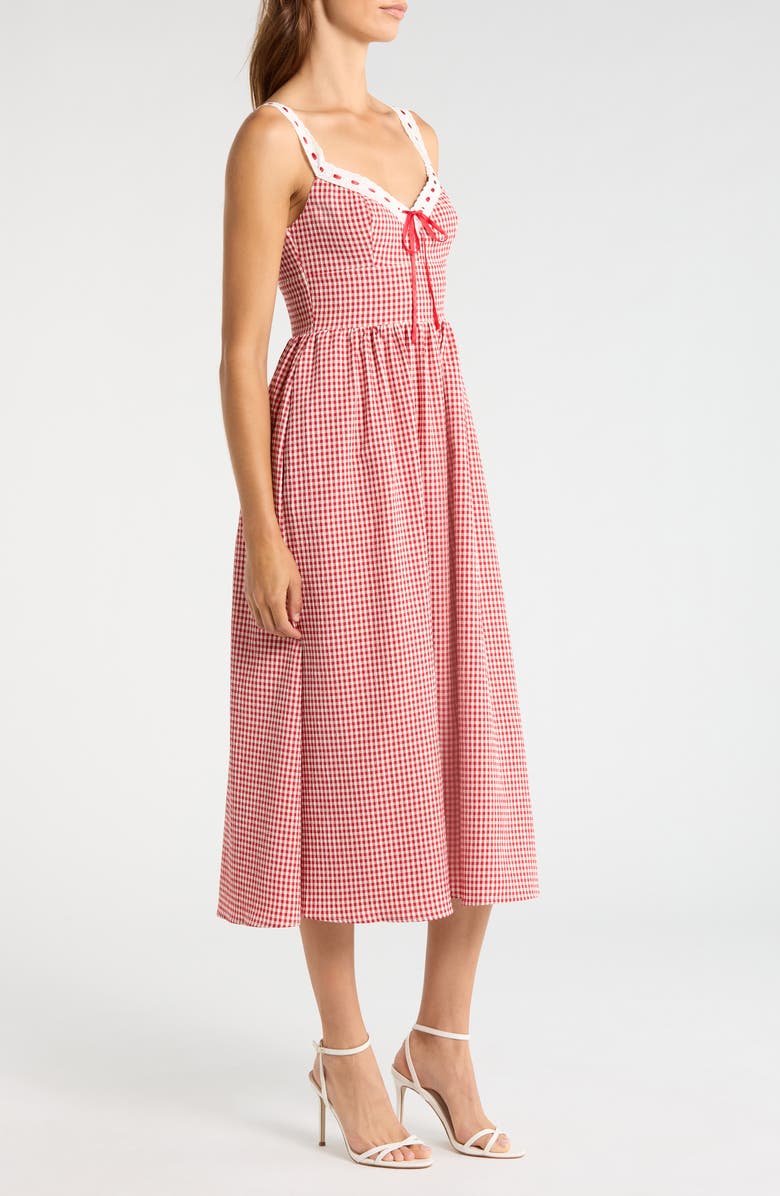WAYF Lilibet Gingham Lace Trim Midi Dress, Alternate, color, Red