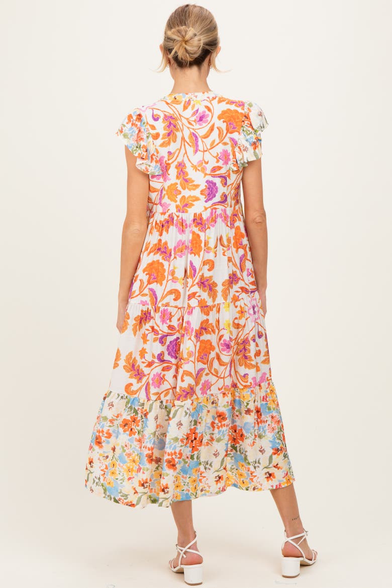 Colorblock Floral Tassel Front Tie Dress, Alternate, color, Orange