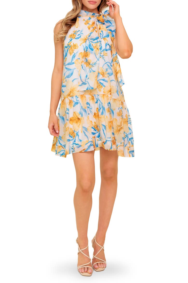 Floral Tie Neck Sleeveless Trapeze Dress, Main, color, BLUE/ IVORY