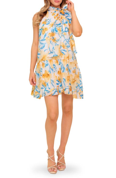 Floral Tie Neck Sleeveless Trapeze Dress