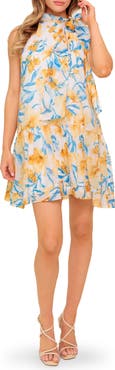 FLYING TOMATO Floral Tie Neck Sleeveless Trapeze Dress