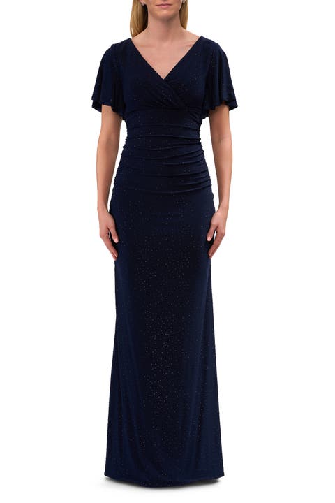 Flutter Sleeve Rhinestone Embellished Evening Dress
