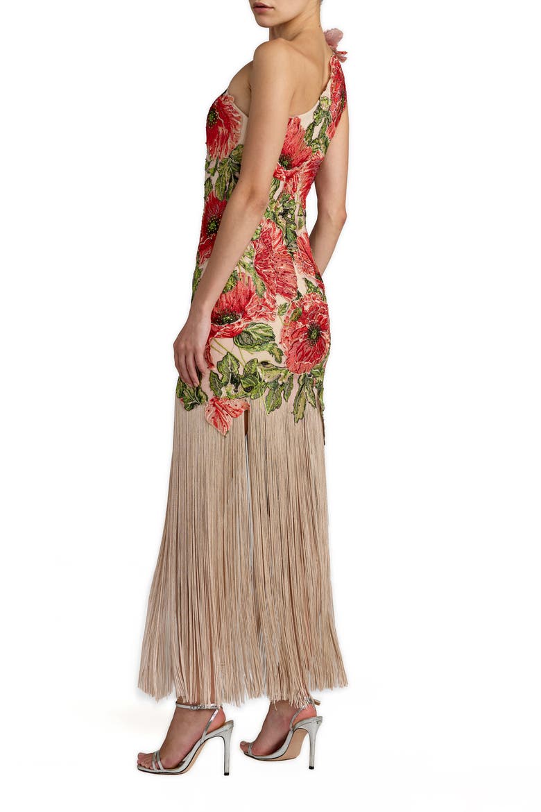 Embroidered One Shoulder Dress With Fringe Hem, Alternate, color, Nude Multi
