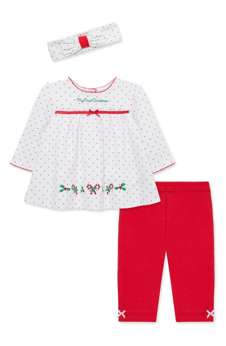 Little Me Holly Holiday Tunic, Leggings and Headband Set, Main, color, White/ Red