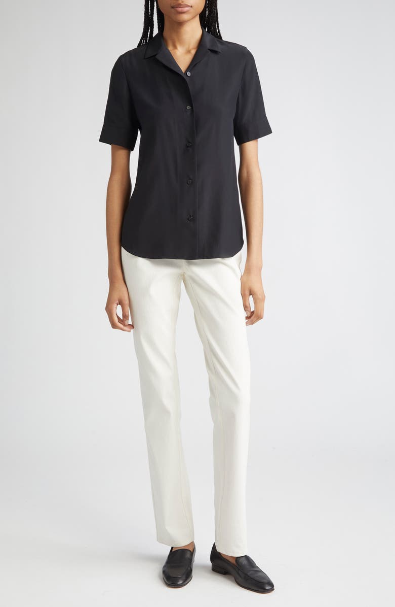 Lafayette 148 New York Matte Silk Notch Collar Slim Short Sleeve Button-Up Shirt, Alternate, color, Black