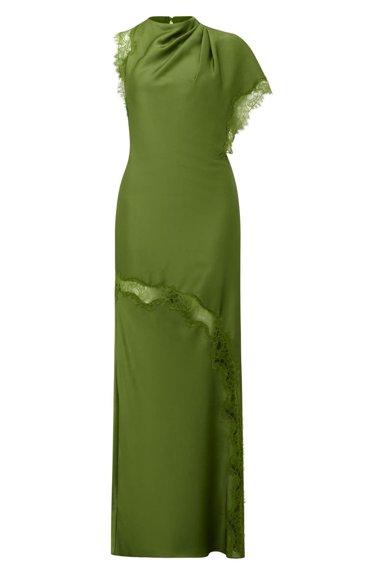 Kody One-Shoulder Satin & Lace Gown, Alternate, color, GREEN