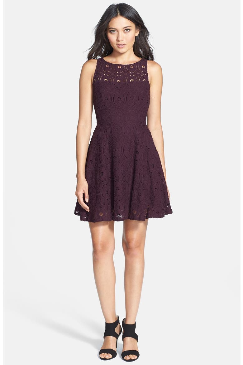 BB Dakota Renley Lace Fit & Flare Minidress (Nordstrom Exclusive), Alternate, color, AUBERGINE