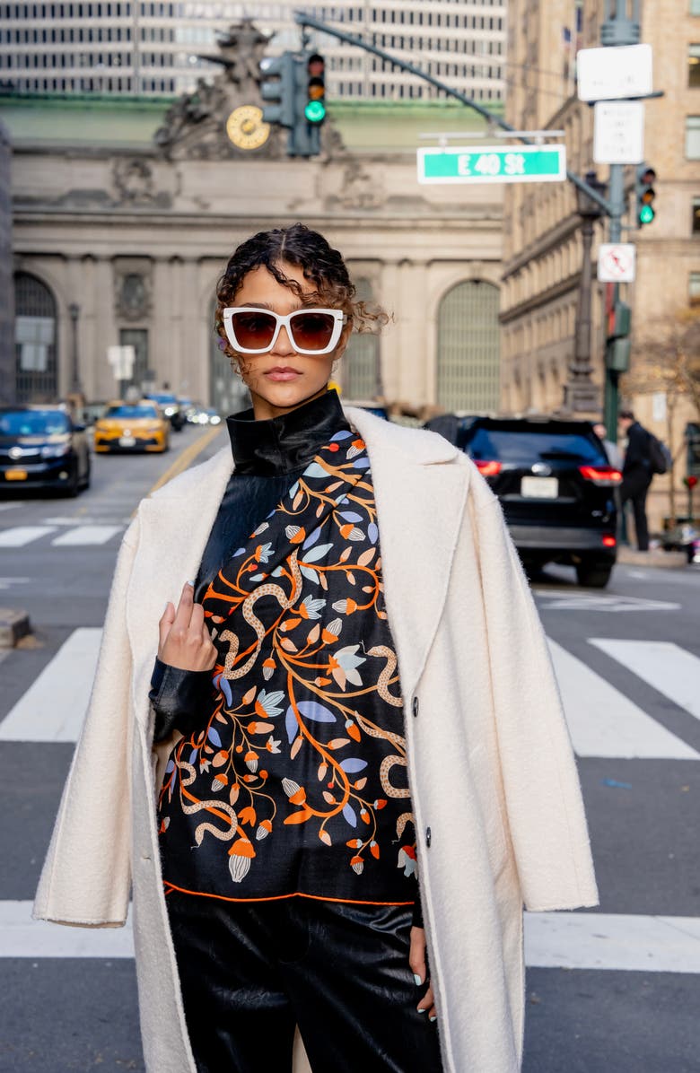 Jessie Zhao New York Double Sided Wool Silk Scarf Of Night's Enchanted Garden, Alternate, color, Black