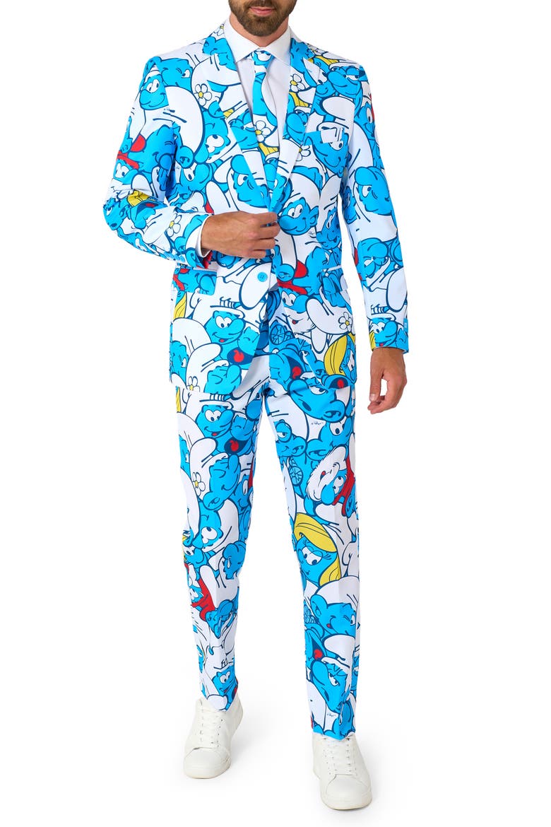 x The Smurfs Slim Fit Two-Piece Suit & Tie Set, Main, color, BLUE MULTI