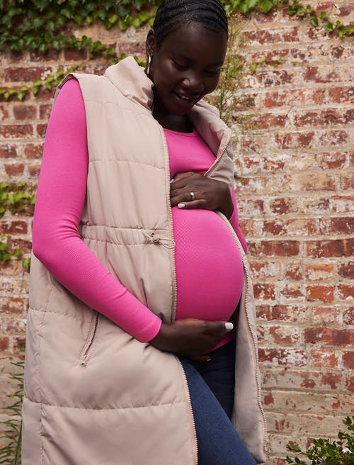 Motherhood Maternity Woven Full-zip Sleeveless Quilted Puffer Vest In Brush