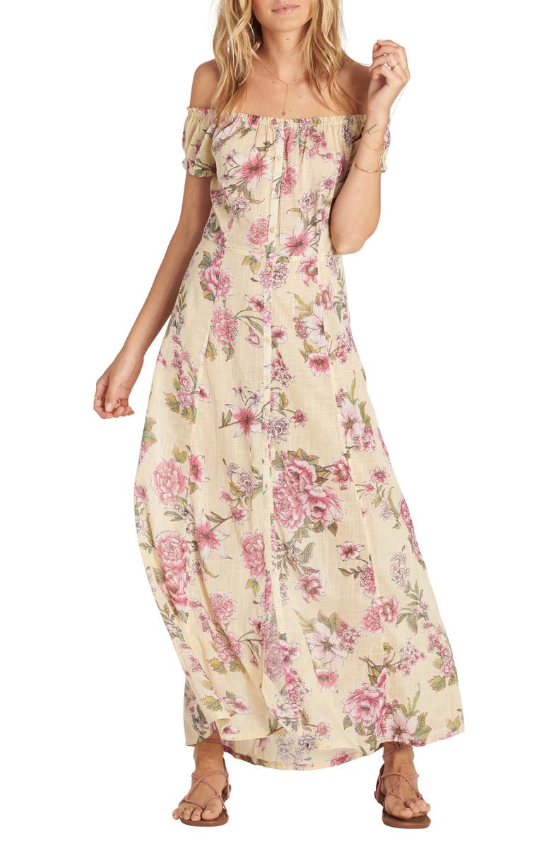 Billabong Linger Here Off the Shoulder Maxi Dress, Main, color, 