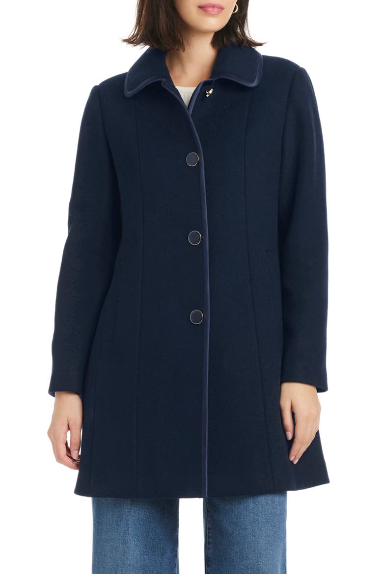 Satin Trim Wool Blend Coat, Main, color, PARISIAN NAVY