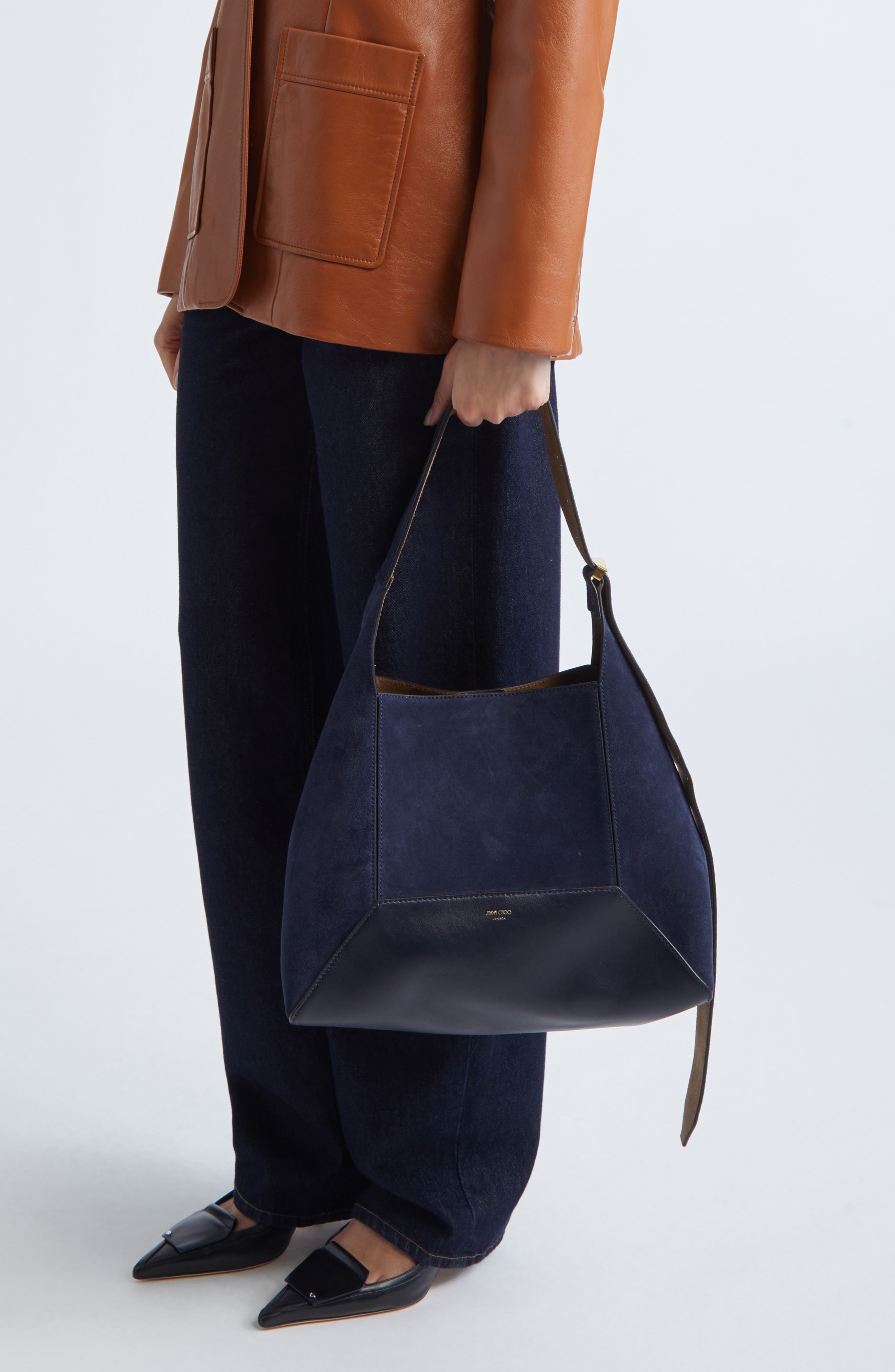 Jimmy Choo Medium Diamond Leather & Suede Hobo Bag, Alternate, color, Marine/ Gold