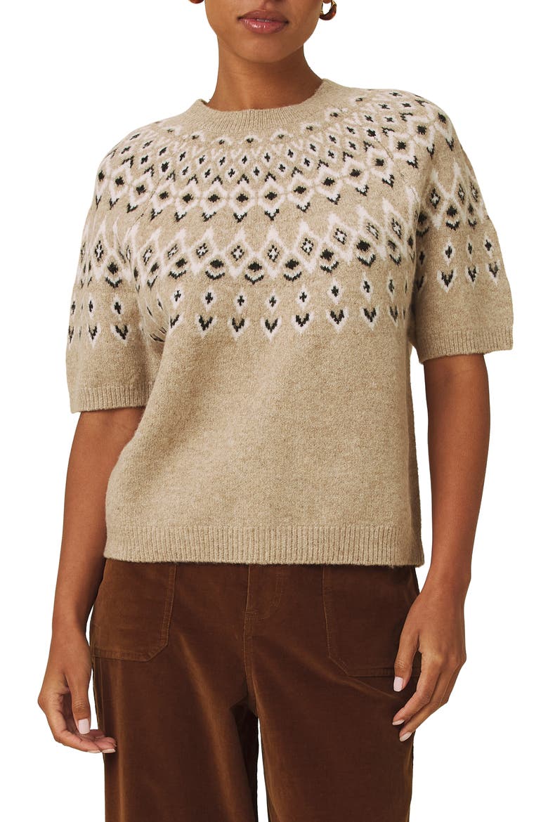 Fair Isle Short Sleeve Sweater, Main, color, LIGHT CAMEL BROWN