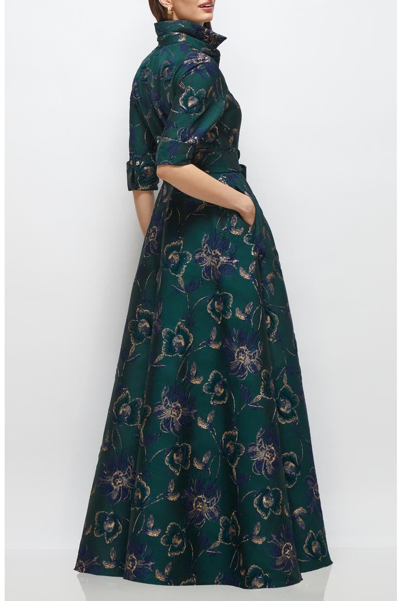 Metallic Floral Jacquard Shirtdress Gown, Alternate, color, EVERGREEN FLORAL