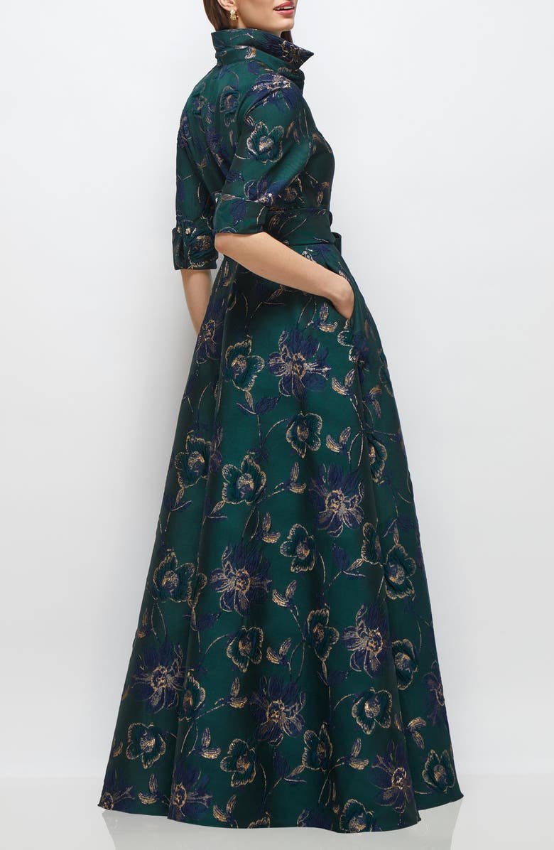 After Six Metallic Floral Jacquard Shirtdress Gown, Alternate, color, Evergreen Floral