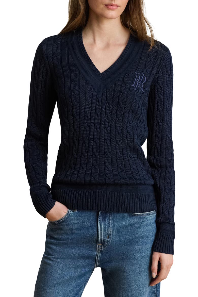 Bright Cable Knit Sweater, Main, color, LAUREN NAVY BLUE