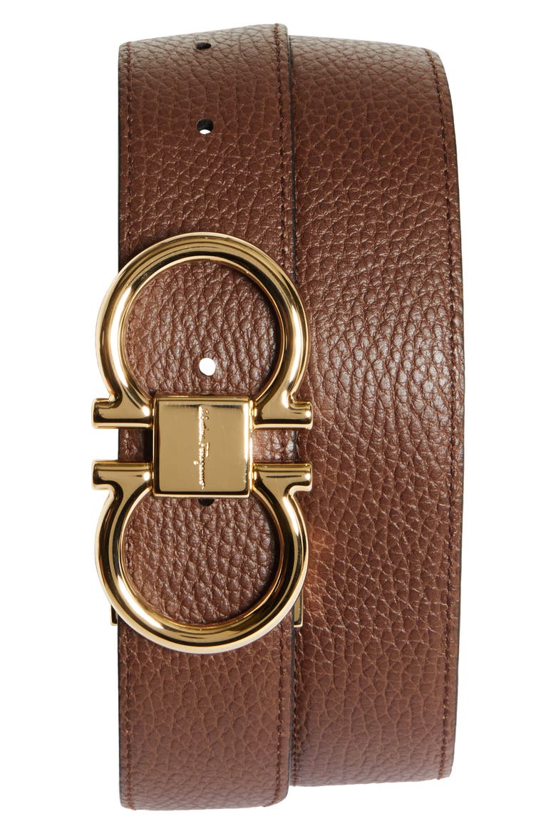 Reversible Double Gancini Leather Belt, Alternate, color, NERO COCOA BROWN