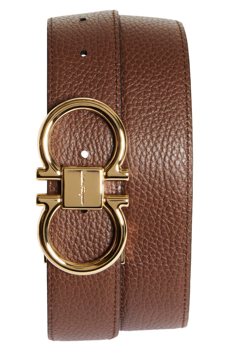 FERRAGAMO Reversible Double Gancini Leather Belt, Alternate, color, Nero Cocoa Brown