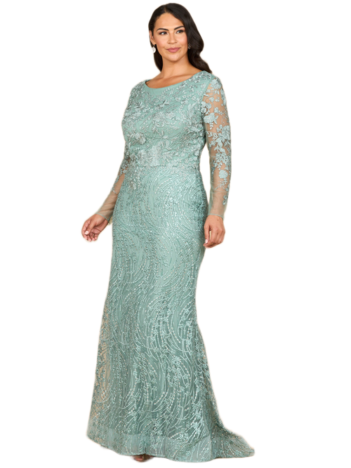 Lara New York Long Sleeve Gown With Overskirt & Illusion Neckline In Green