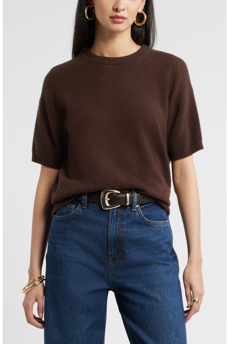 Short Sleeve Cashmere Sweater, Main, color, BROWN MOLE