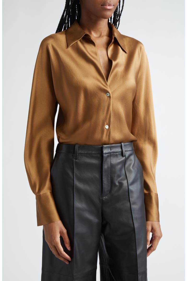 Silk Button-Up Shirt, Main, color, ALMOND