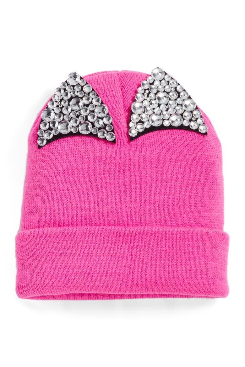 Jeweled Cat Ear Beanie, Main, color, HOT PINK