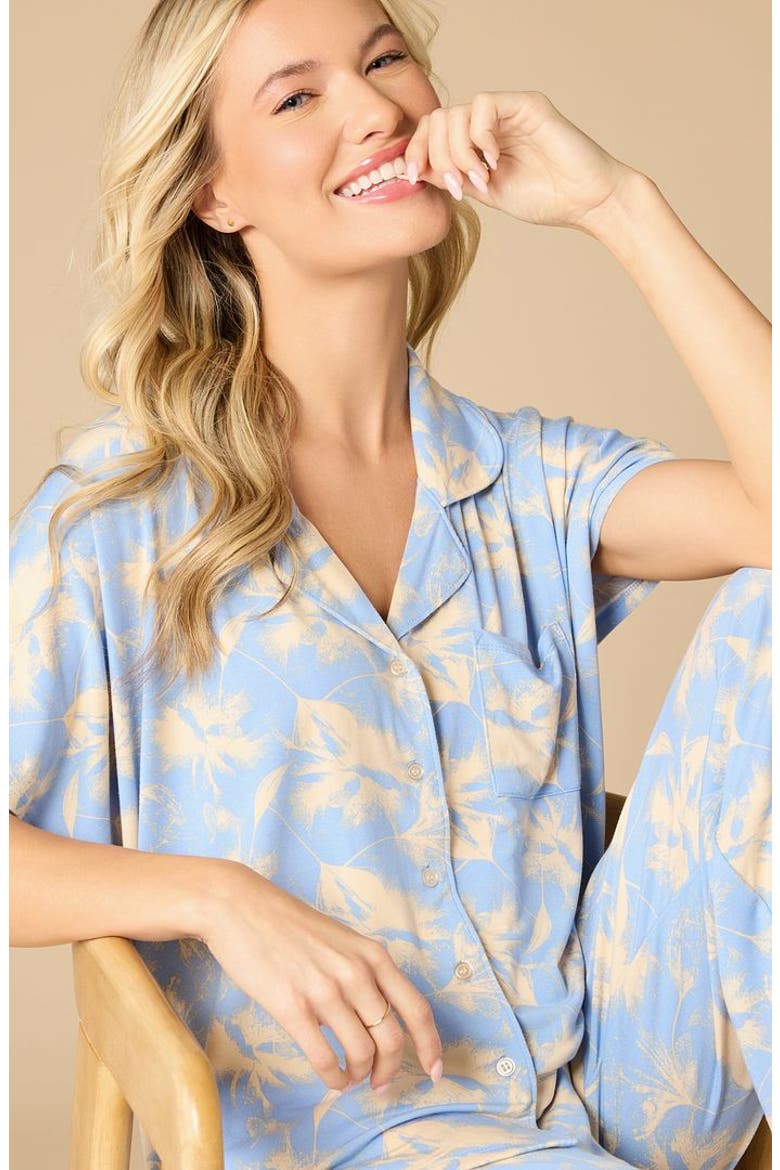 Soft Sleep Caftan Top and Cropped Pant Pajama Set, Alternate, color, Sky Blue Floral