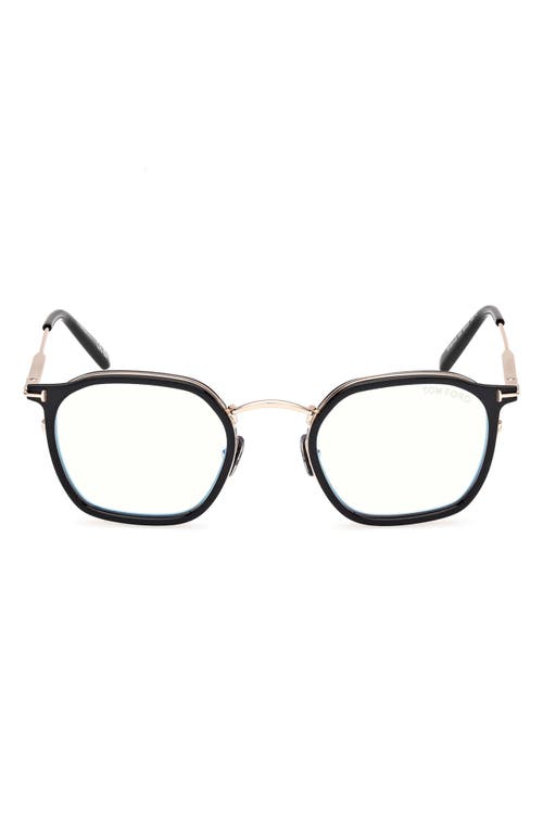 Tom Ford 50mm Round Blue Light Blocking Glasses In Black/rose Gold/havana