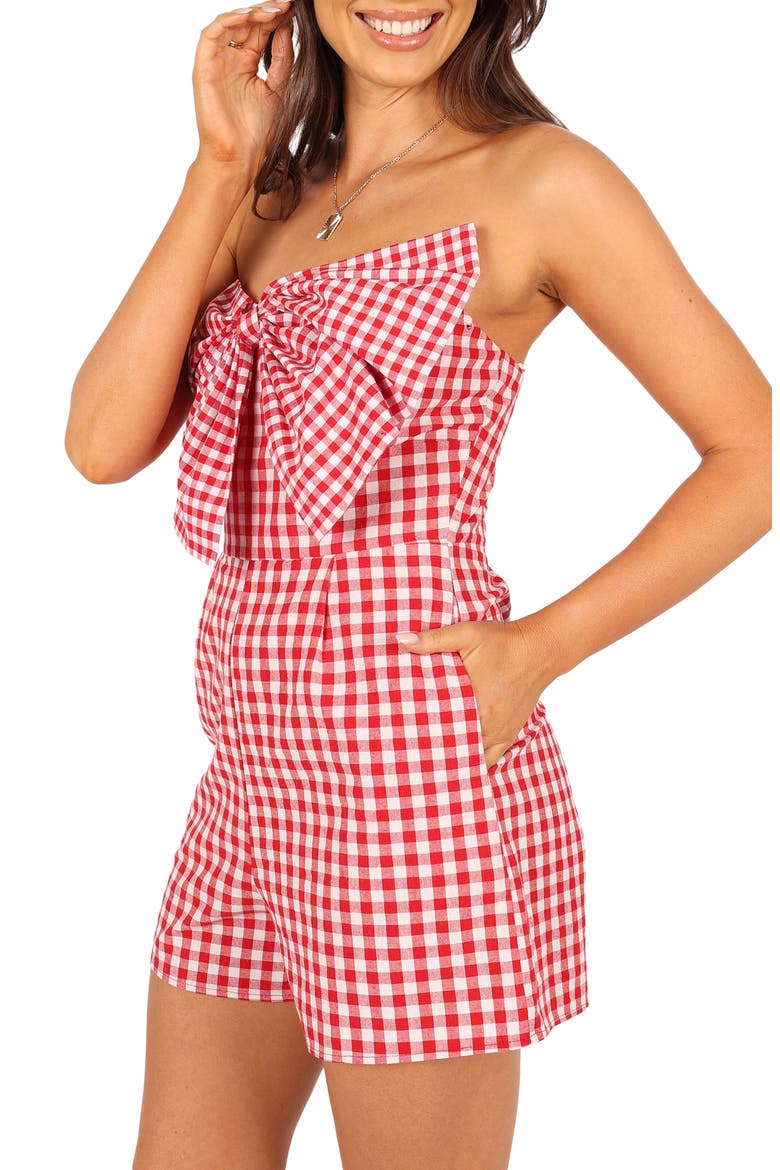 Bambi Gingham Strapless Cotton Bow Front Romper, Alternate, color, RED WHITE