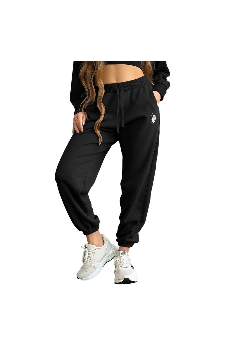 Dalix Womens Heartly Ghost Embroidered Fleece Sweatpants, Main, color, Black