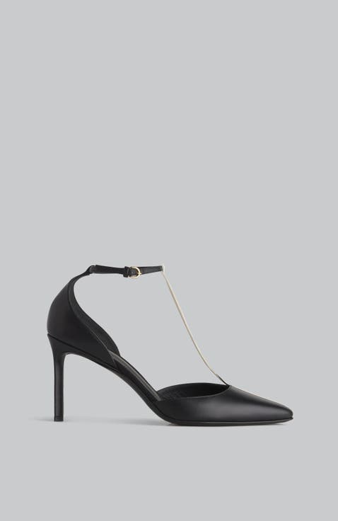 Leather High Heel D'Orsay Sandals with Flower Design