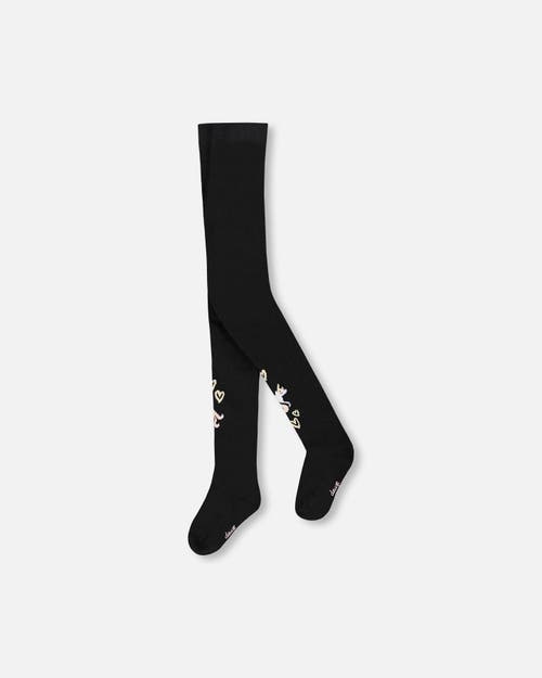 Deux Par Deux Knit Tights With Unicorns And Hearts In Black