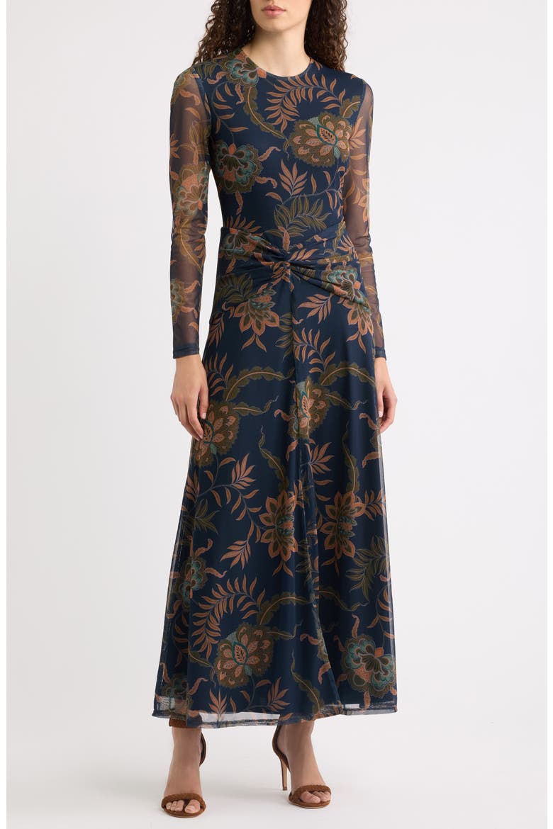 Long Sleeve Floral Print Mesh Maxi Dress, Main, color, NAVY MULTI