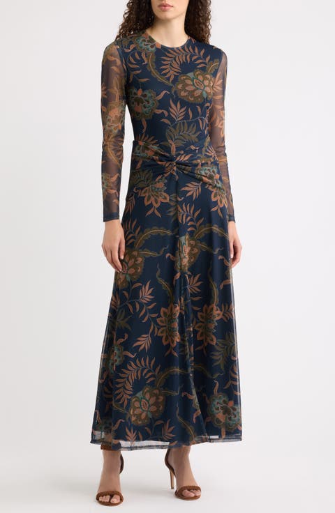 Long Sleeve Floral Print Mesh Maxi Dress