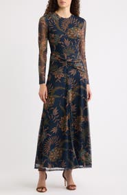 Julia Jordan Long Sleeve Floral Print Mesh Maxi Dress