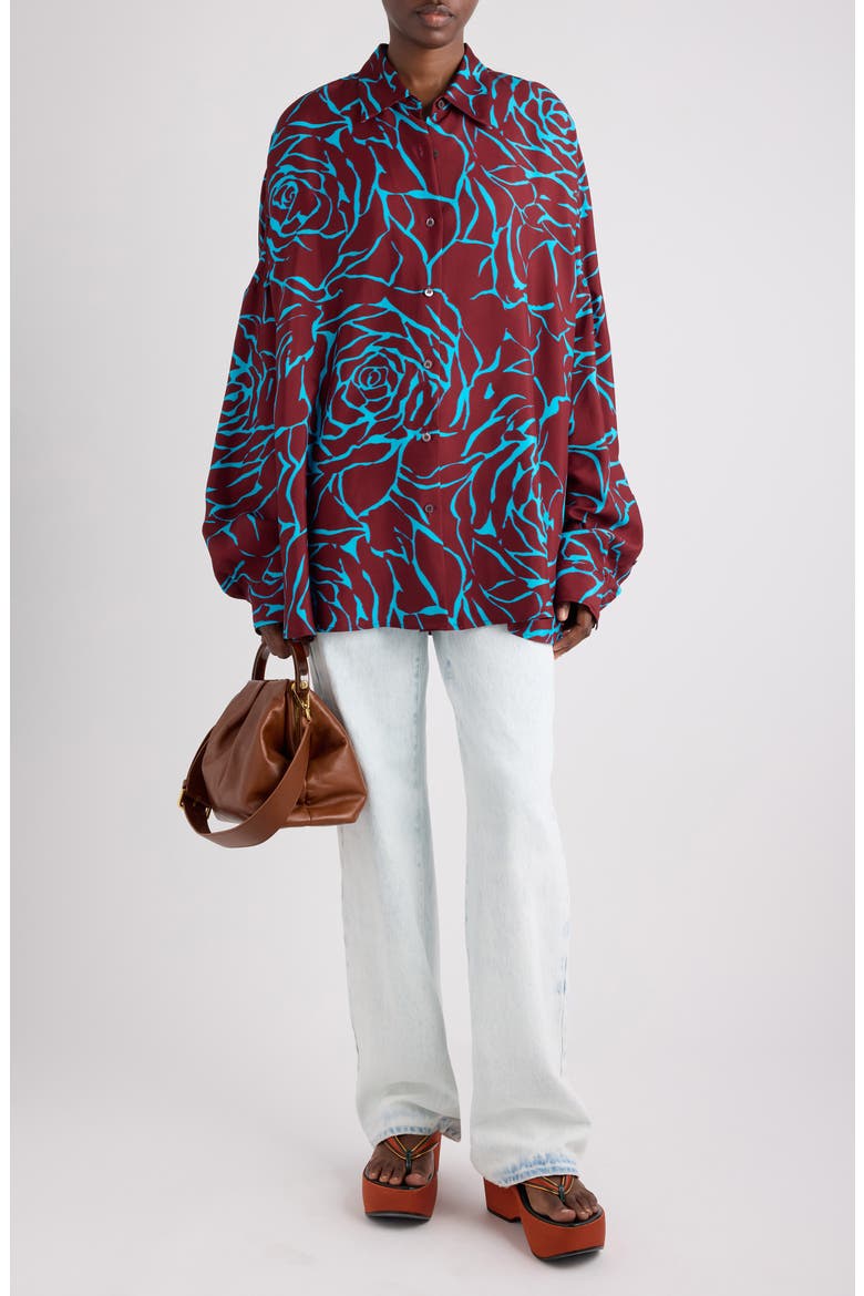 Casia Giant Couture Rose Print Satin Button-Up Shirt, Alternate, color, BURGUNDY