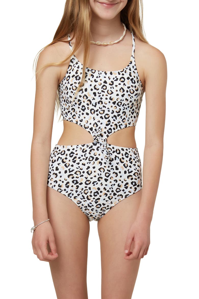 Kids' Leopard Print Knot One-Piece Swimsuit, Alternate, color, VANILLA