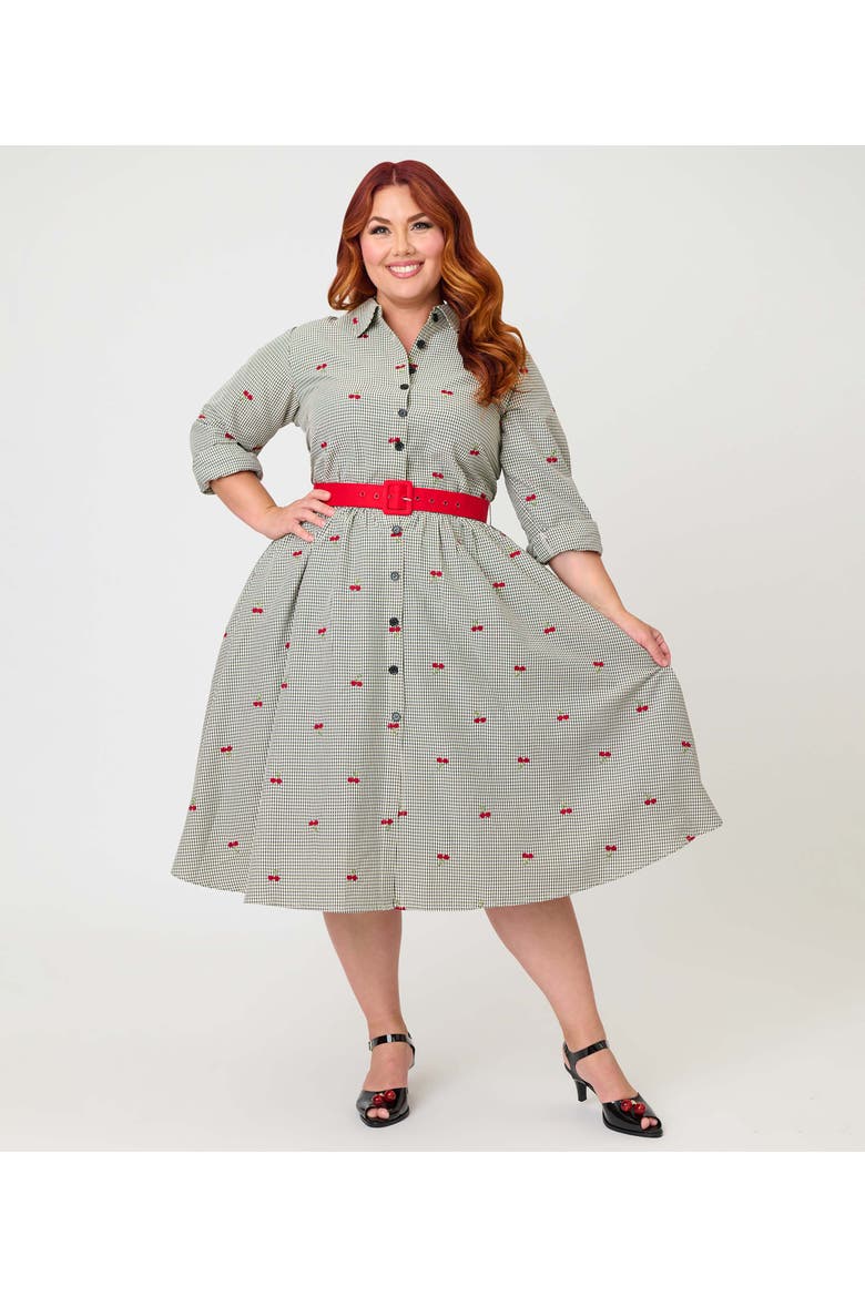 Plus Size Long Sleeve Belted Shirt Dress, Main, color, Grey Gingham Cherry Print