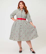 Unique Vintage Plus Size Long Sleeve Belted Shirt Dress