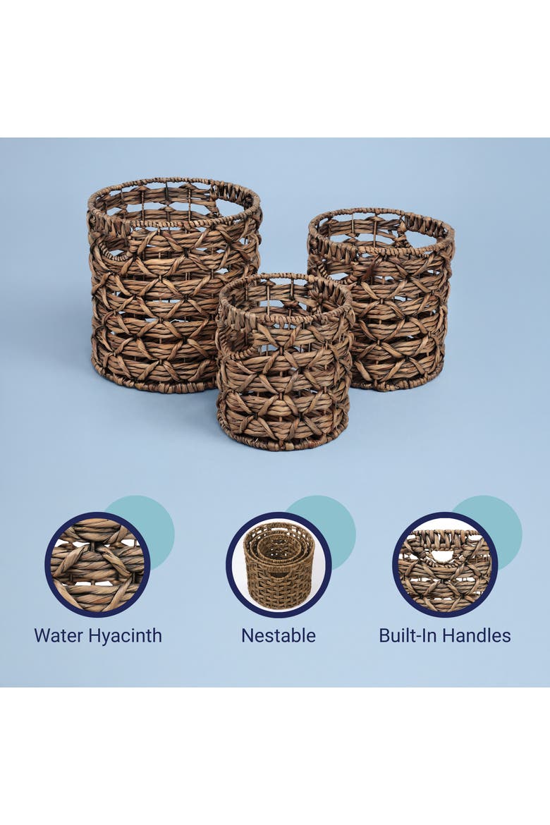 Lattice Bohemian Coastal Handwoven Water Hyacinth Rope Nesting Baskets with Handles, Alternate, color, Brown