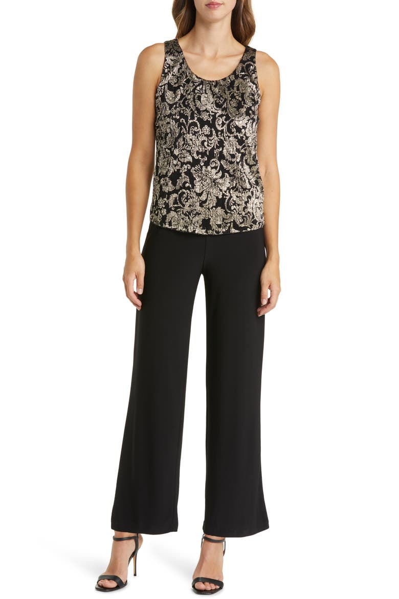 Mixed Media Metallic Bodice Jumpsuit & Jacket Set, Alternate, color, BLACK/ GOLD
