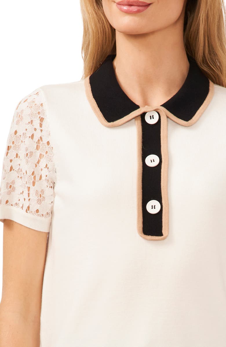 CeCe Lace Sleeve Polo Sweater, Alternate, color, Antique White