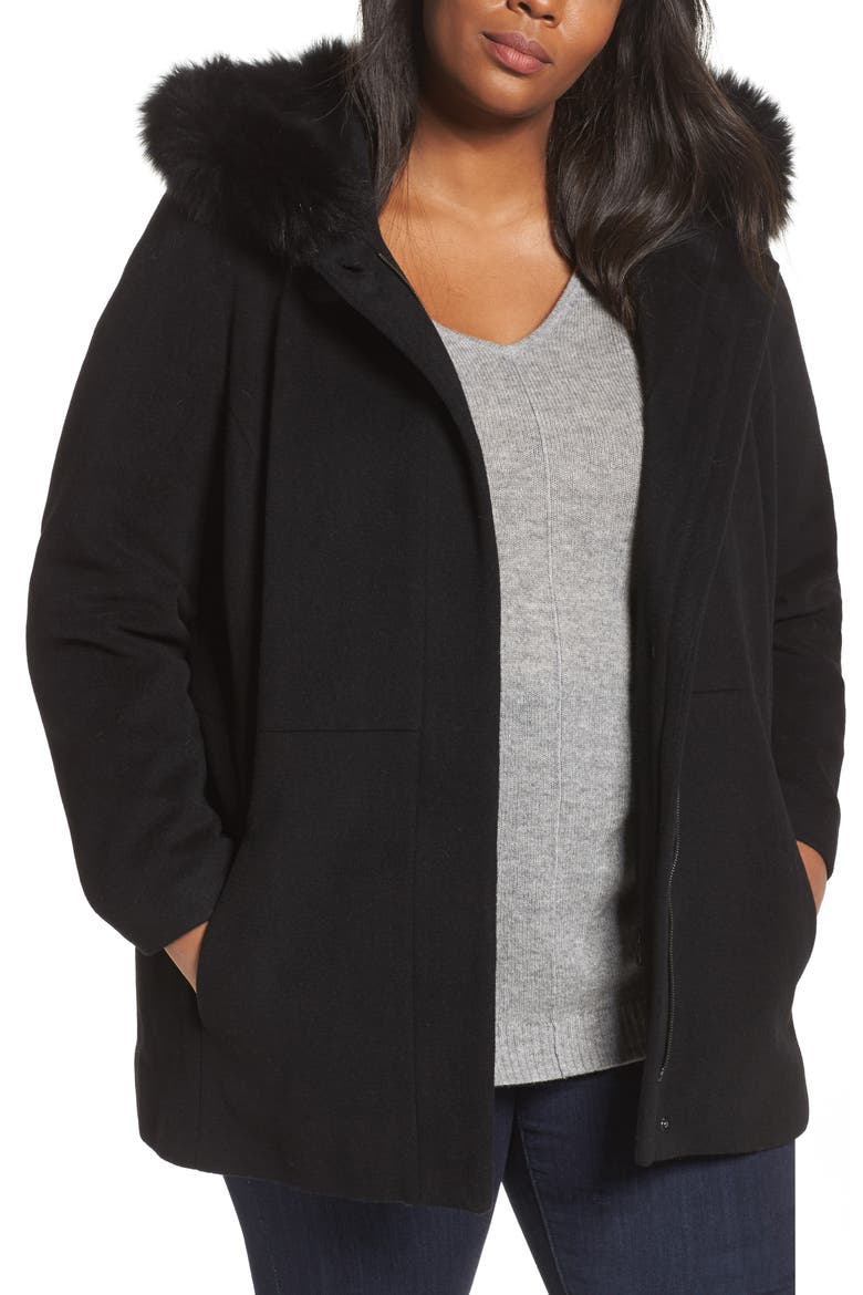 Genuine Fox Fur Trim Hooded Wool Blend Jacket, Main, color, BLACK