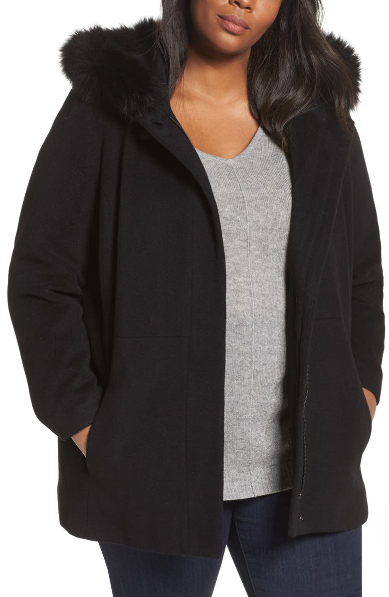 SACHI Genuine Fox Fur Trim Hooded Wool Blend Jacket, Main, color,