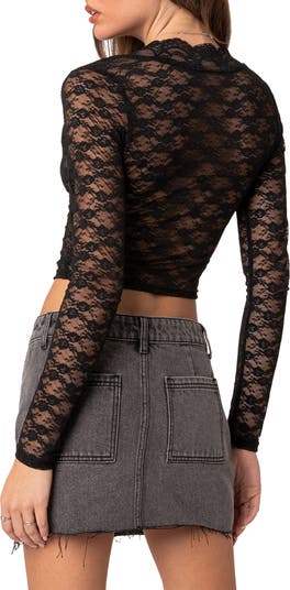 EDIKTED Beck Long Sleeve Sheer Lace Crop Top | Nordstrom