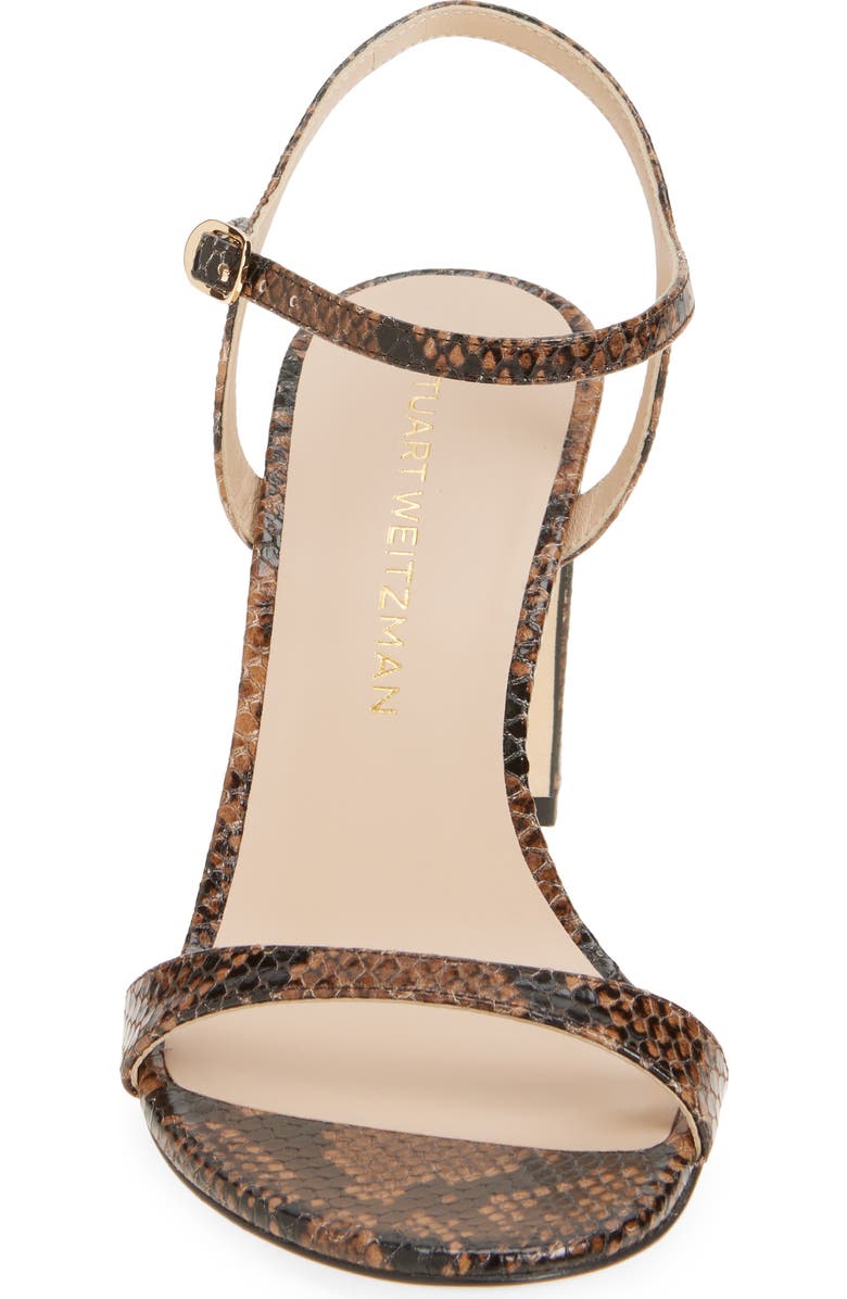 Stuart Weitzman Babette 85 Snakeskin Embossed Leather Ankle Strap Sandal, Alternate, color, Espresso